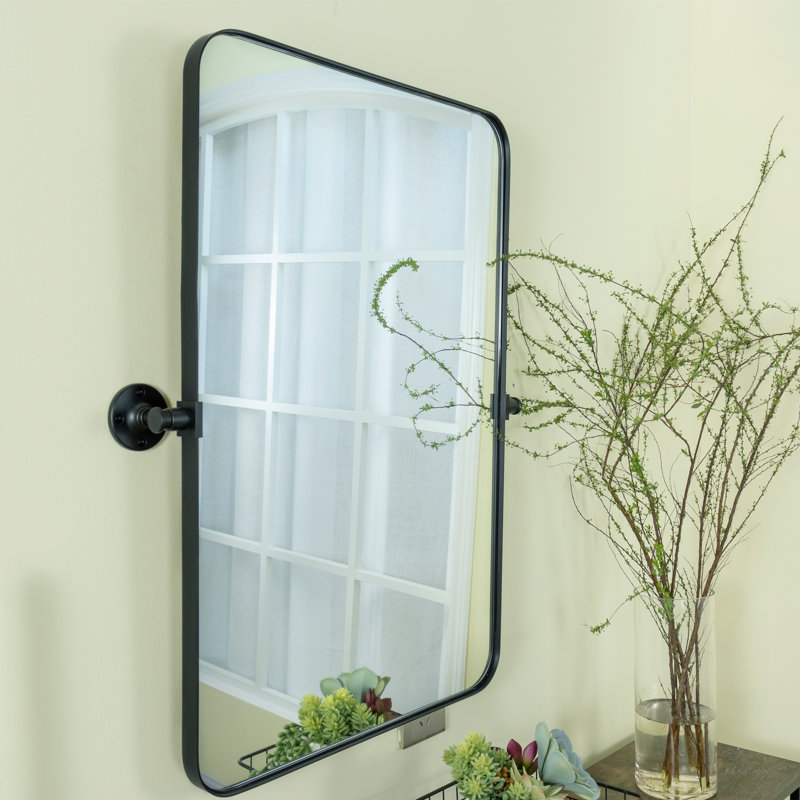 Aura Rounded 30" H x 20" W Small Rectangular Pivoting Metal Framed Wall Mounted Bathroom Vanity Mirror in Matt Black