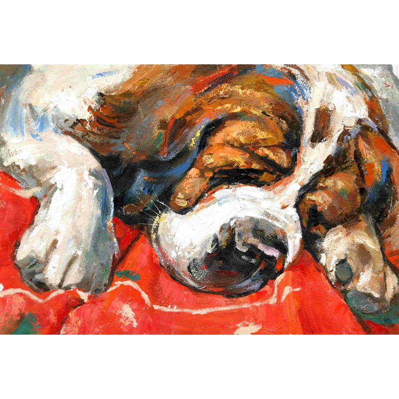 «St Bernard Dog Sleeping», peinture sur toile tendue, H 8 po x l 12 po