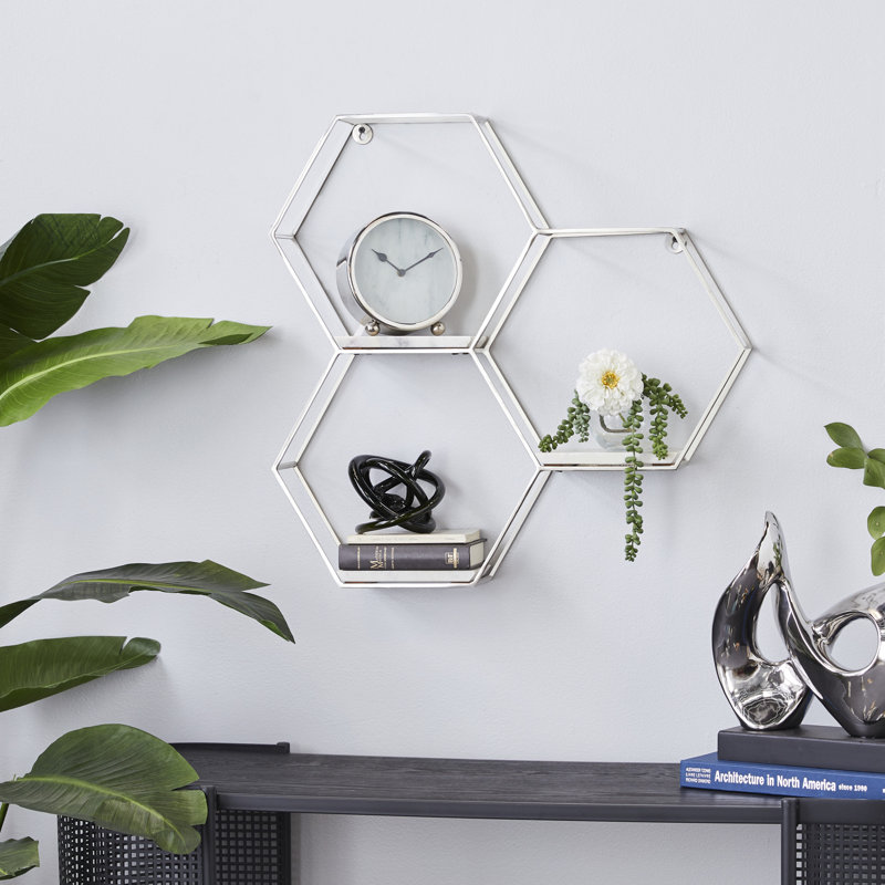 Metal Hexagon Geometric Silver Wall Shelf with 3 Marble Shelves
