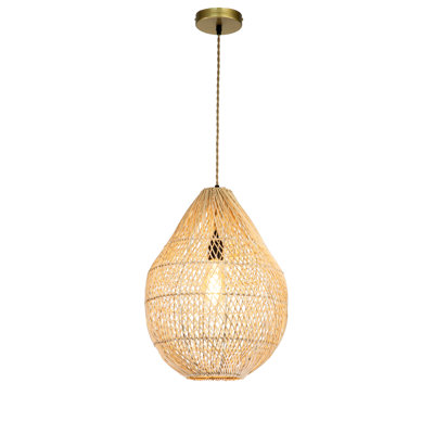 1-Light Natural Rattan Pendant Light in Brass Handmade Shade Modern Coastal Hanging Light