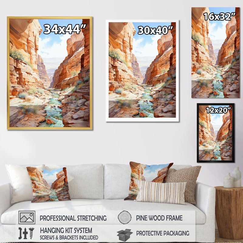 River by the Canyon Landscape I - Canyon, art mural sur toile, Cadre simple noir, H 40 po x l 30 po x P 1,5 po