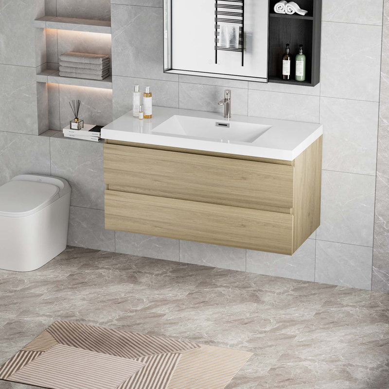 Meuble-lavabo flottant avec lavabo, Chêne