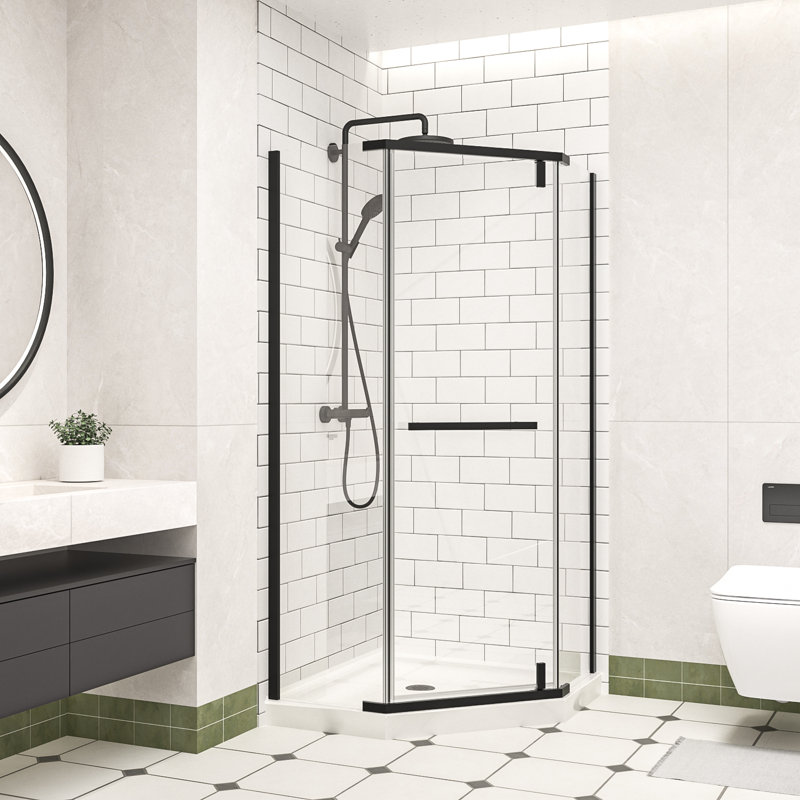 Cabine de douche à pivot 36 po x l 36 po x H 72 po avec verre trempé transparent de 1/4 po, cabine de douche sans cadre avec film antidéflagrant et revêtement nano, porte de douche néo-angle au fini noir mat, installation réversible