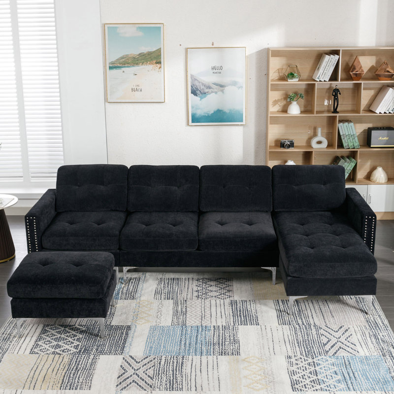 Jiuliana 3 - Piece Upholstered Sectional, Black Velvet, Silver
