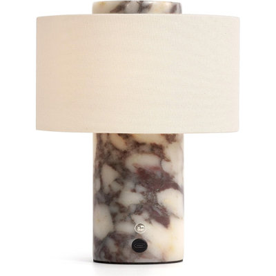 Natural Marble Rechargeable Cordless Touch Table Lamp with Linen Shade, Stepless Dimmable 3-Color-Temperature LED Ambient Lamp for Bedroom, Nightstand, or Desk