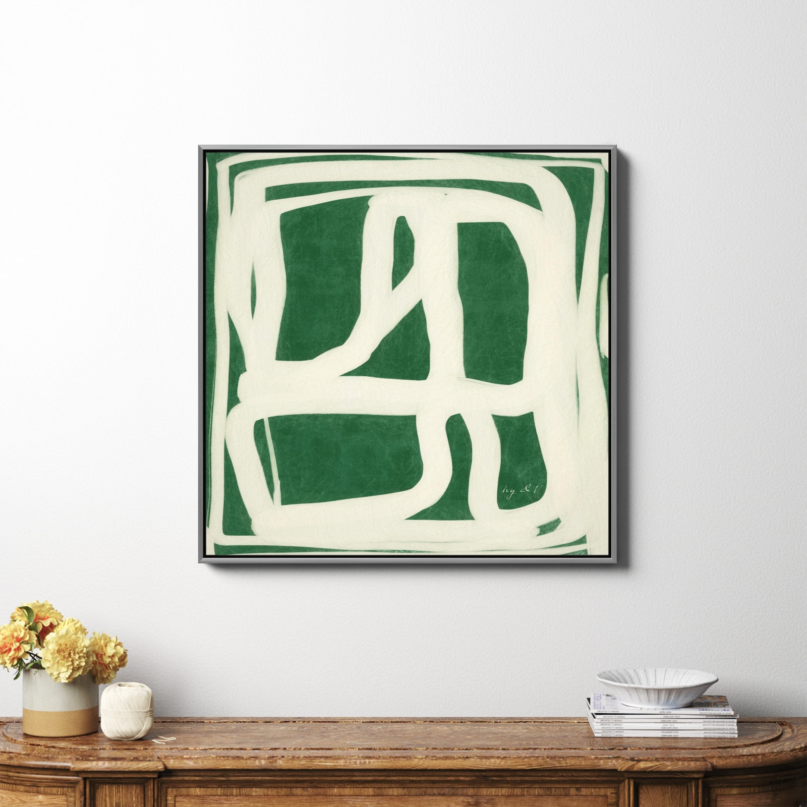 Green White Movement by Ivy&I, No, Silver Framed Canvas, 36" H x 36" W x 2" D