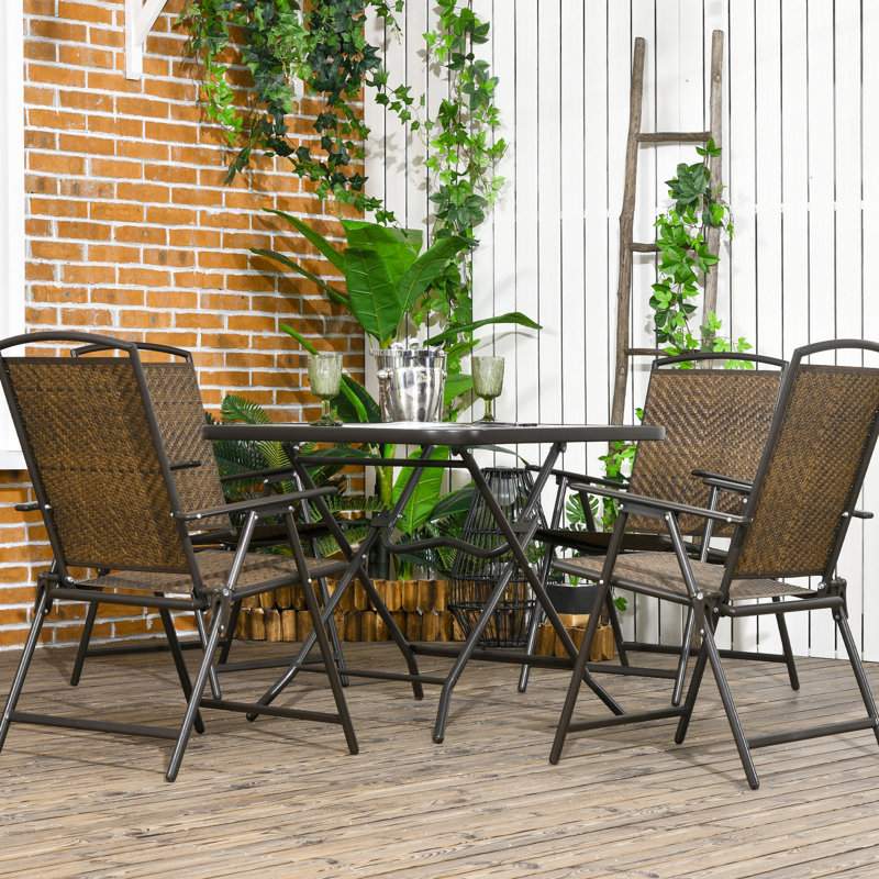 Table de salle à manger et chaises brun foncé, pliable et pliable compatible avec parasol, 5 trous, table en verre trempé