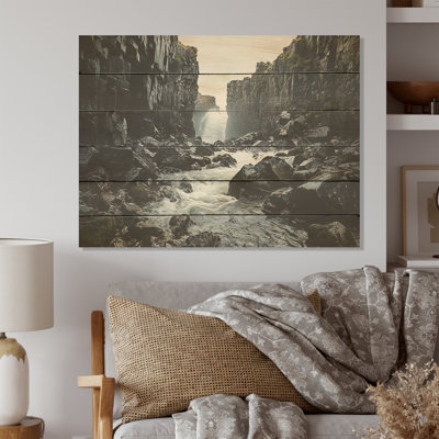 Waterfall River Scenery - Waterfall Wood Panel Wall Art On Natural Pine Wood