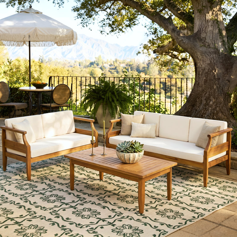 Mcclurg Teak Sofa Seating Group with Cushions, Cream, 3 Pcs: Table, Loveseat, Sofa