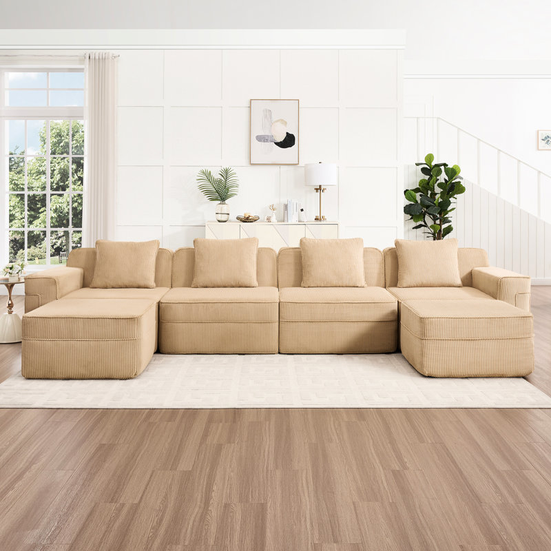 Canapé modulaire en forme de U à 4 places en velours côtelé avec confort en forme de nuage, coussins décoratifs, 2 repose-pieds amovibles et mousse à haute résistance Camel Comfort sans assemblage requis