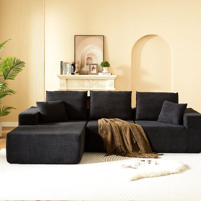 Canapé modulaire moderne en L avec méridienne, canapé Cloud, siège à 3 places, revêtement en velours côtelé, assemblage doux moyen, noir, mousse complète, pour le travail à domicile, fabrication en mousse noire, socialisation dans le salon