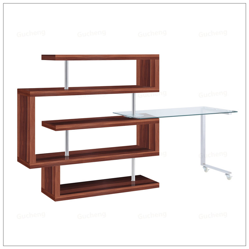 Bureau en verre transparent, finition brillante avec fonction pivotante et tablettes ouvertes pour les espaces de travail modernes