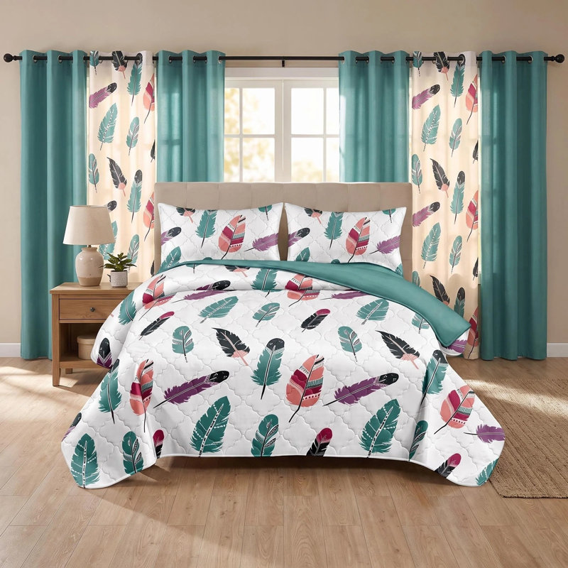 Ensemble de couvre-lit et rideau 9 pièces en microfibre bleu sarcelle 9 pièces avec 2 taies décoratives et 6 panneaux de rideau à œillets filtrant la lumière