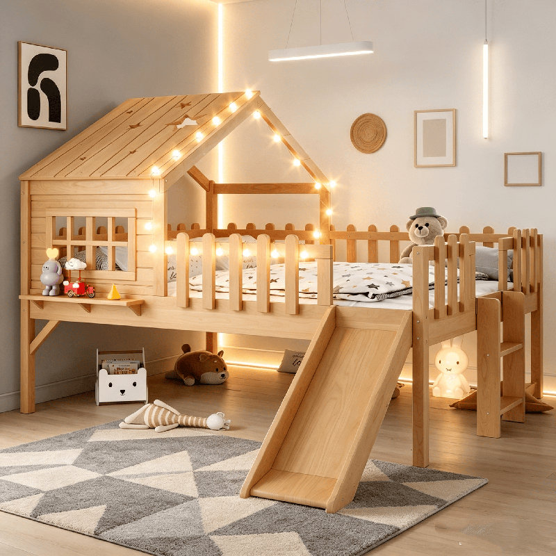 Lit mezzanine House, lit mezzanine en bois avec glissade, lumières DEL et fenêtre, lit maisonnette, lit d'enfant Playhouse, aucun sommier nécessaire, cadre de lit mezzanine Playhouse pour petite chambre d'enfant