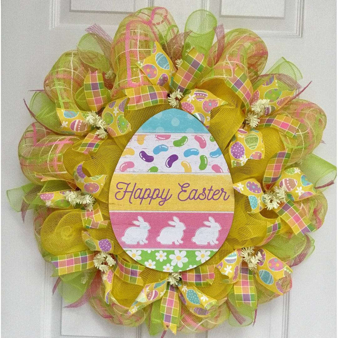 Easter Wreath with Wood Yellow and Pink Decorated Egg The Holiday Aisle®