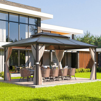 16 Ft. W X 12 Ft. D  Hardtop Gazebo, Outdoor Metal Gazebo with Double Roof Canopy, Permanent Pavilion with Netting and Curtains for Lawn, Garden, Patio