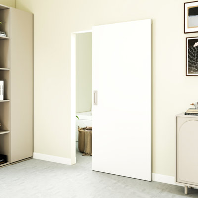 Concealed/Invisible Magic White Primed Flush Sliding Barn Doors With Installation Hardware Kit Including Double Sided Stain Nickel Flush Pulls