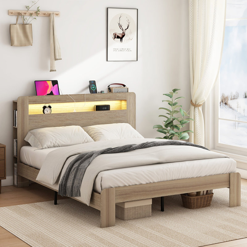 Queen Size Wood Platform Bed Frame, Antique Dark Gray, Queen