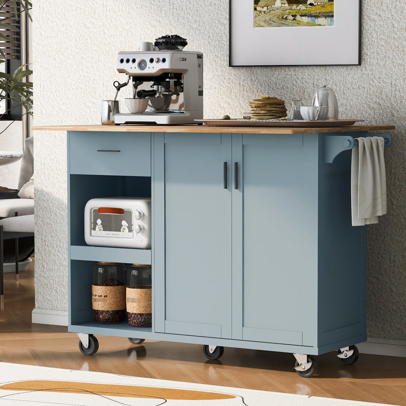 Grey Blue Rolling Kitchen Island With Storage. Soft-Close Hinges. 9.25" Package Height. Spacious Interior Foldable 47.24"X16.57" Counter And Drawer, Blue