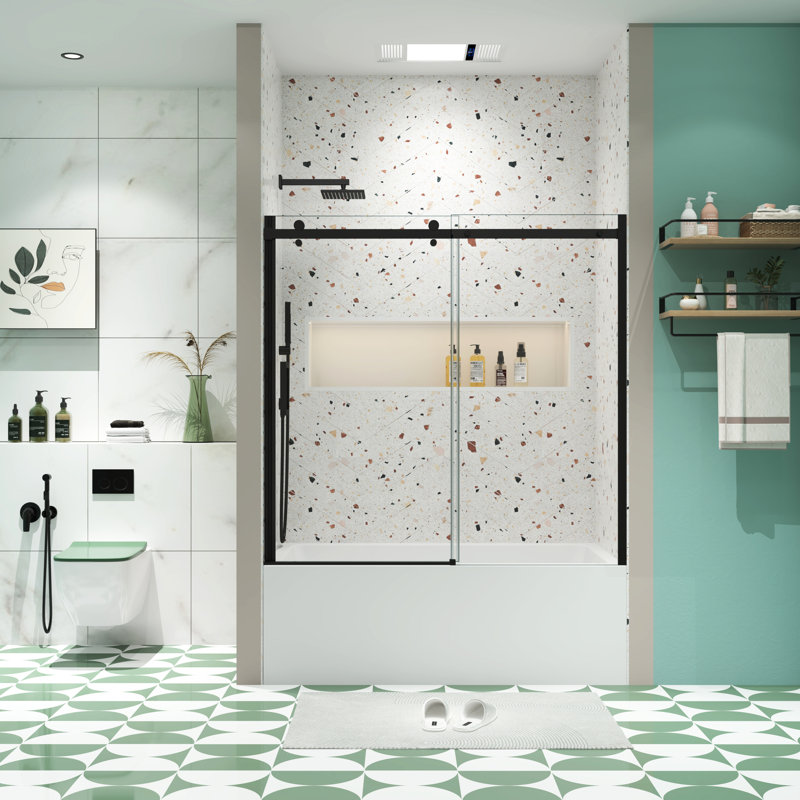 Bathtub Sliding Door, 5/16" Tempered Glass, Matted Black, Superior Leak Function Black Finish, Nano Easy Clean Treatment, Adjustable Wall Channel