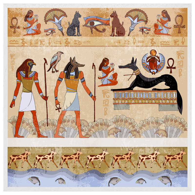 Youngstown Egyptian Mythelogical Drawings - Single Picture Frame Print, 41cm H x 41cm W x 4cm D, White Framed