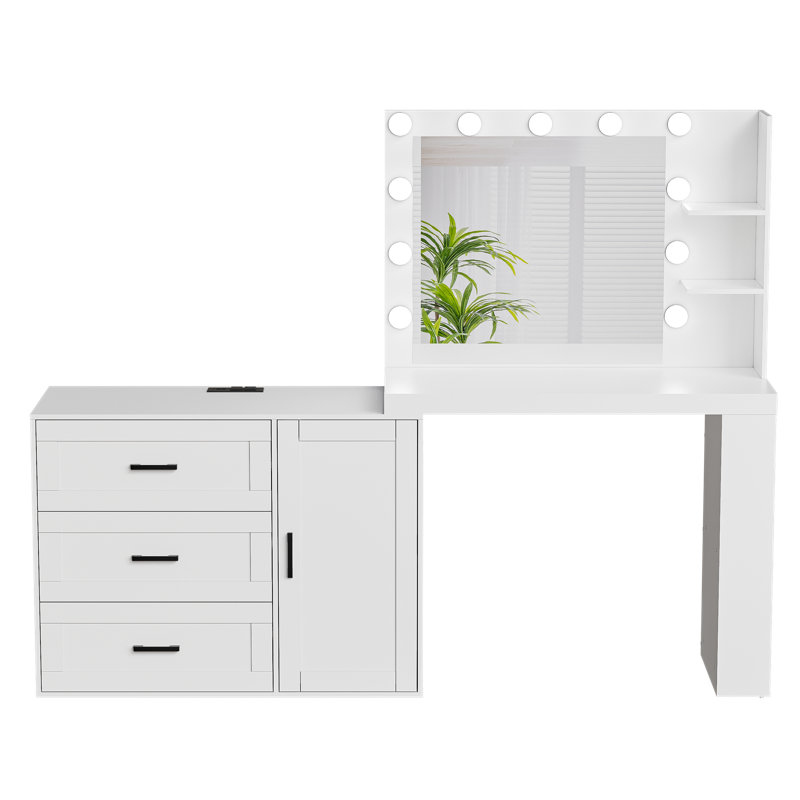 Bureau de maquillage avec miroir et lumières tricolores, coiffeuse avec station de charge