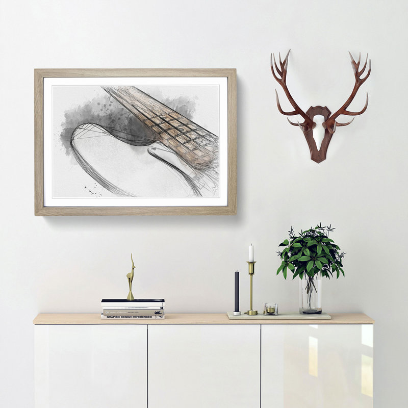 Strings of a White Bass Guitar in Abstract - Framed Print, 27cm H x 36cm W x 2cm D, Oak Framed