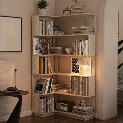 Bibliothèque d'angle autoportante en L à 5 niveaux, bibliothèque ouverte en MDF à rangement ouvert, blanc éclatant pour le salon, la chambre et le bureau à domicile