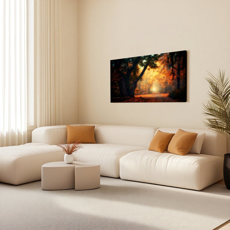 Ensemble de 1 tableau sur toile tendue représentant un chemin forestier d'automne, H 16 po x l 32 po