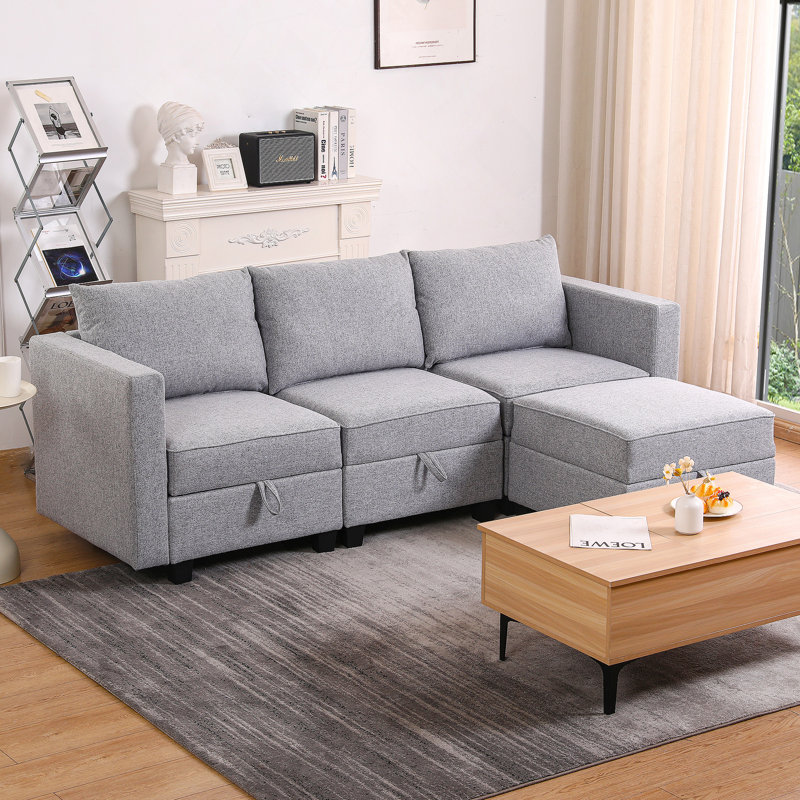 Petit canapé modulaire en L avec repose-pieds convertible et grand rangement, gris clair