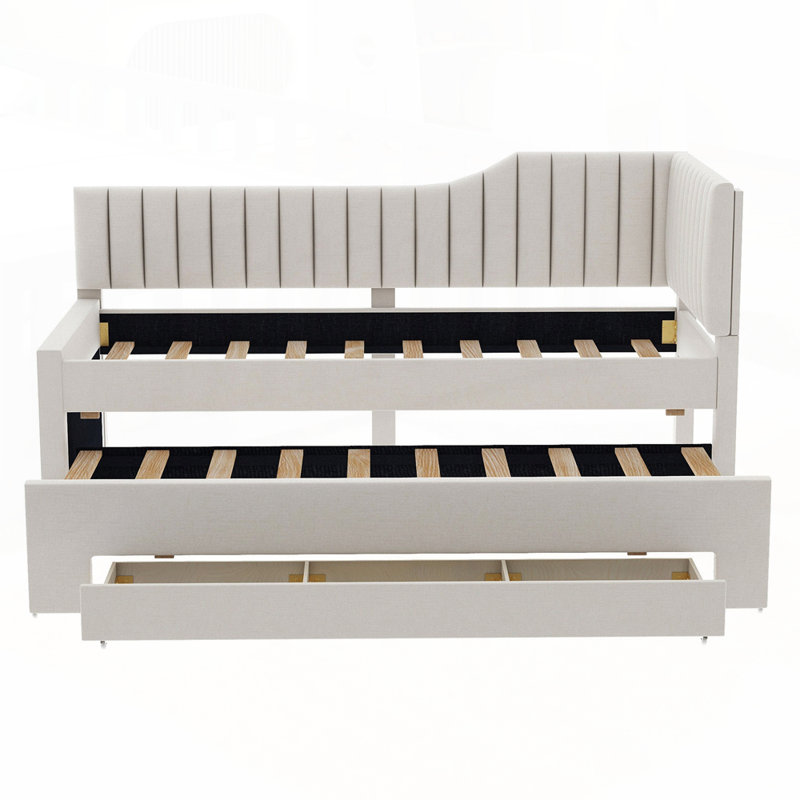 Versatile Upholstered Daybed with Trundle and Multiple Drawers for All Spaces, Beige, Twin