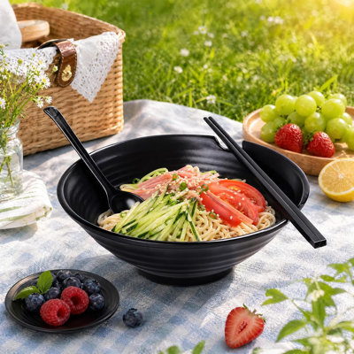 Superior Melamine Ramen Bowl Set of 4, Japanese Black Pasta Bowls with Chopsticks, Spoons & Plates
