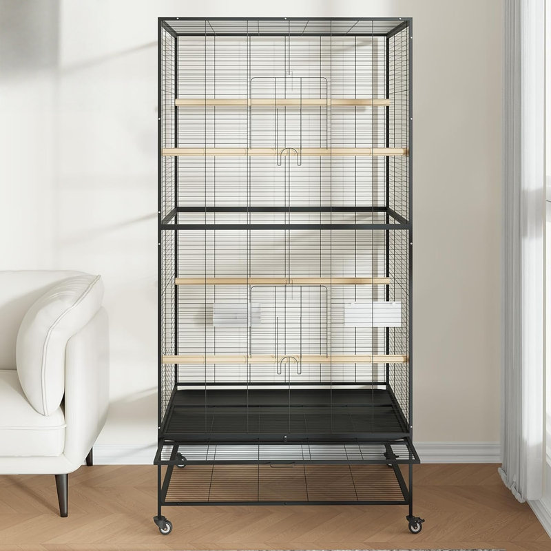 Cage à oiseaux 66 pouces, cage à oiseaux en métal avec supports roulants, bols d'alimentation, cage à perroquet large pour perruches, conures, cacatoès, cacatoès, noir