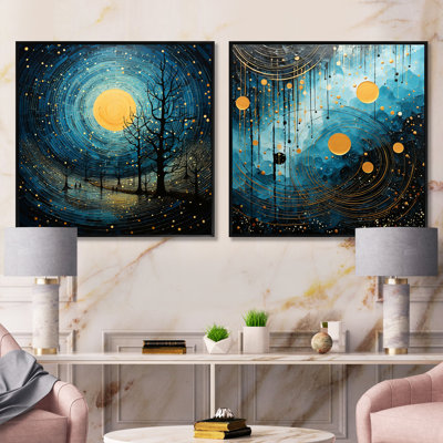 Teal And Black Minimalism Moon - Abstract Shapes Square Collage Set Of 2