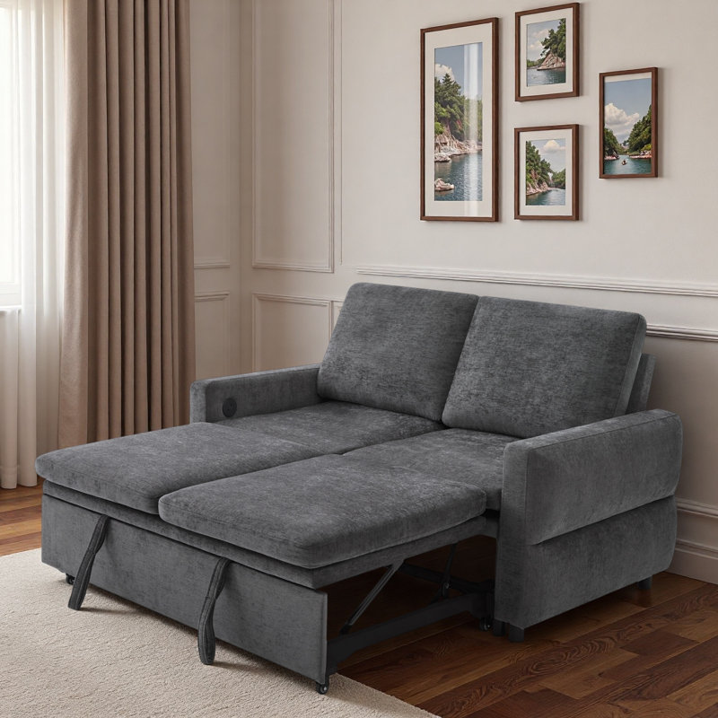 Canapé-lit convertible avec dossier réglable et ports USB, Gris