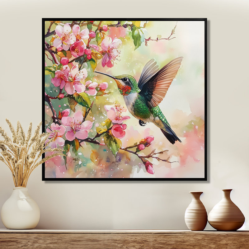 Colibri dans les fleurs II - Art mural colibri, Impression encadrée flottante, Noir, noir, noir, noir, H 16 po x l 16 po