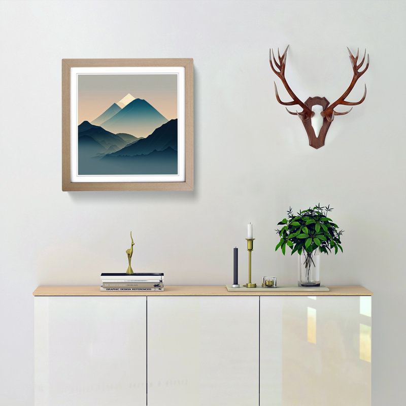 Japanese Mountains Minimalism - Single Picture Frame Print on Wood, Oak