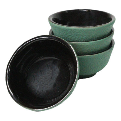 Soft Green Textured Japanese Tetsubin Style Cast Iron Mini Tea Cups Set of 4