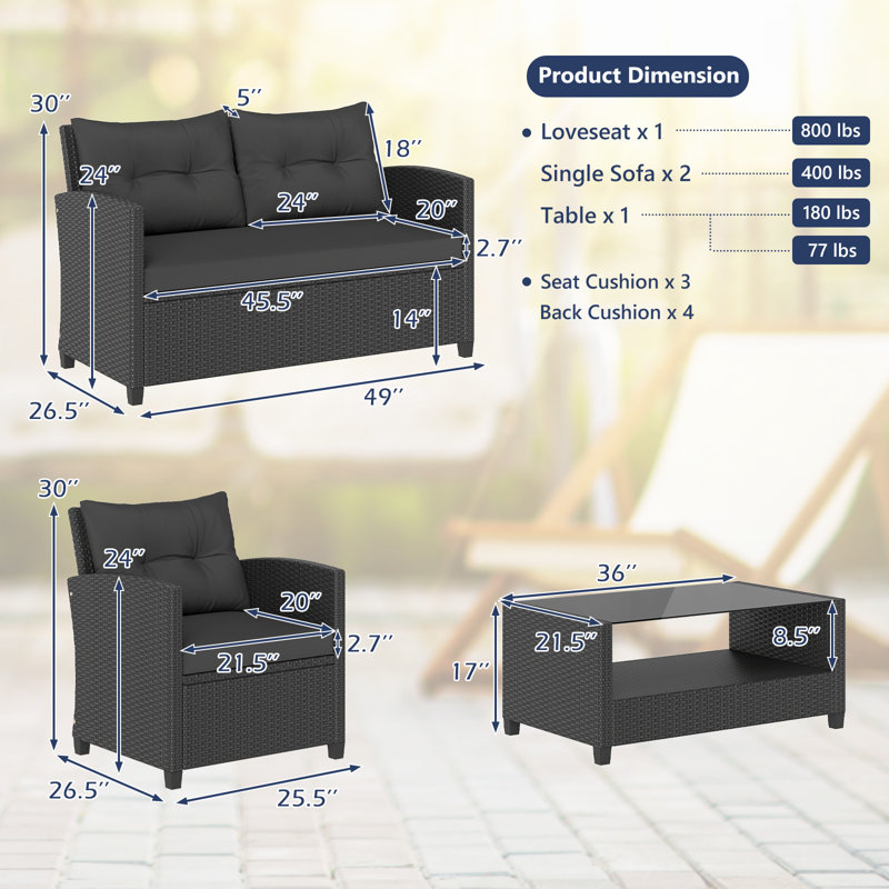 8 pièces Ensemble de meubles d'extérieur en rotin avec coussins pour table avec accoudoirs et tablette inférieure - noir