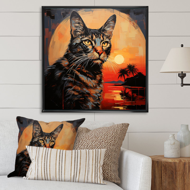 Savannah Cat In Sunset - Cat, reproduction d'art mural, Cadre flottant noir, H 30 po x l 30 po x P 1 po
