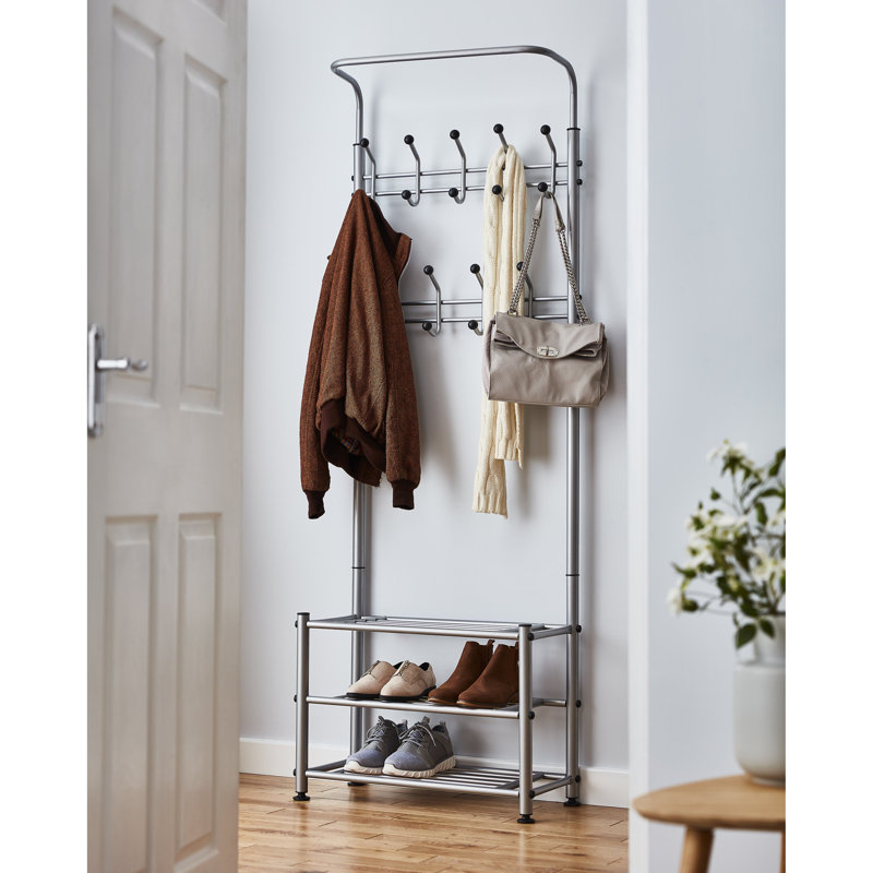 Hallway Coat Stand Steel Hall Tree with Shoe Storage, Grey