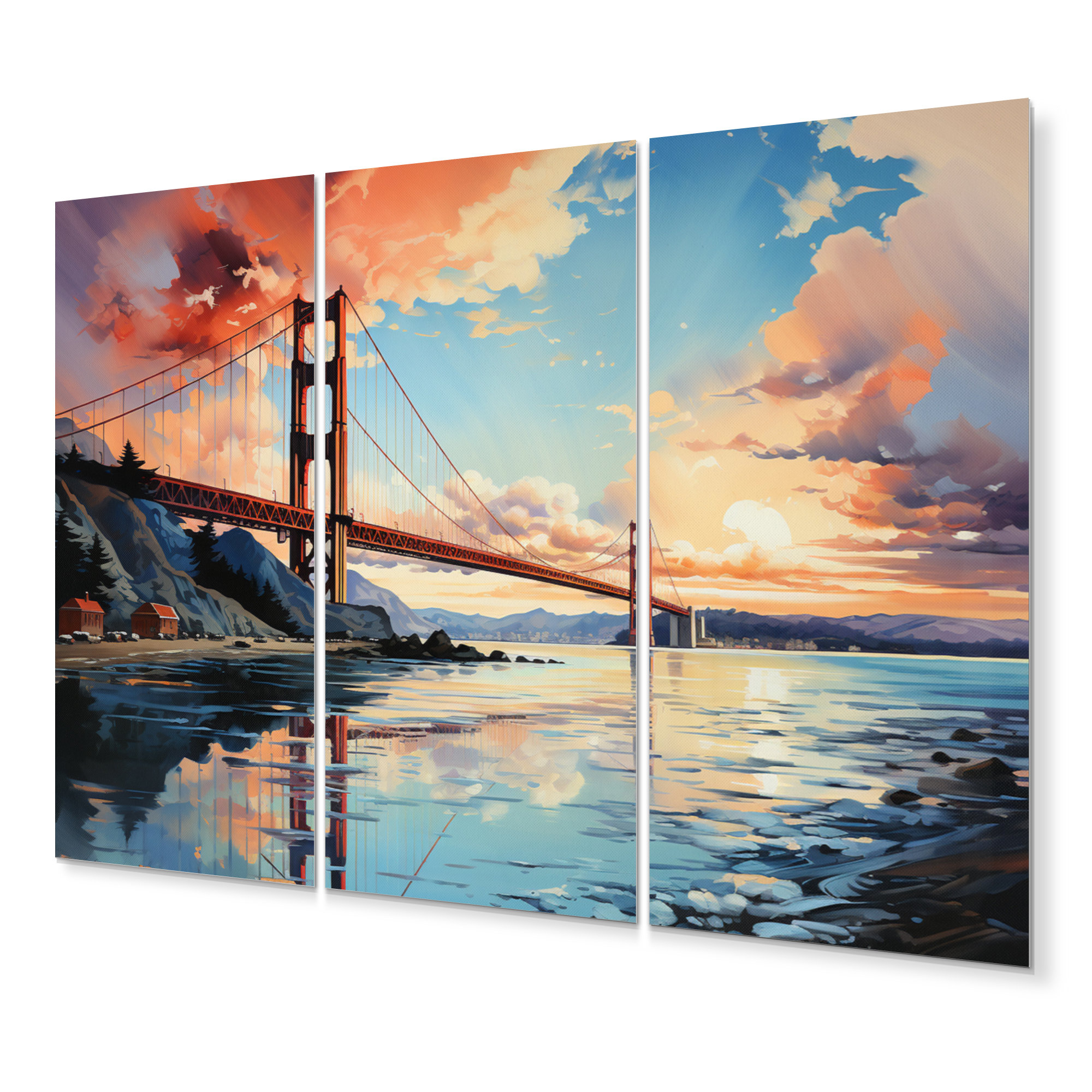 DesignArt Orange Bridge Golden Gateway VI Bridges Metal Wall Decor