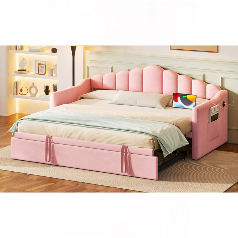 Upholstered Twin Size Daybed With Adjustable Height Pop Up Trundle Twin Bed And USB & Type-C Charging Port, Day Bed Frame With 2 Side Pockets, No Box-Spring Needed, Pink