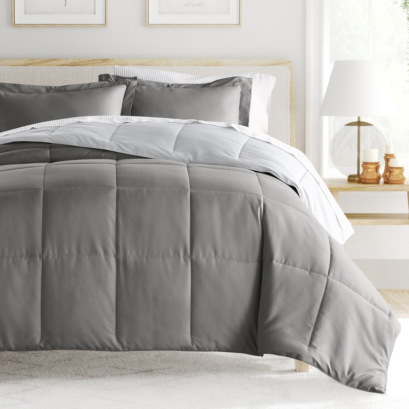 7-Piece Reversible Bedding Bundle - Solid Comforter and Patterned Sheet Set, Gray Striped