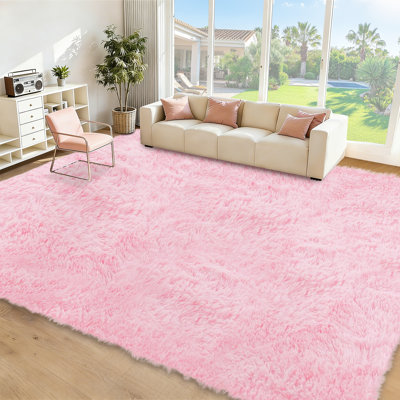 Tapis doux moelleux lavable à poils longs rose, tapis moelleux et pelucheux pour le salon, la chambre de bébé et la salle de jeux