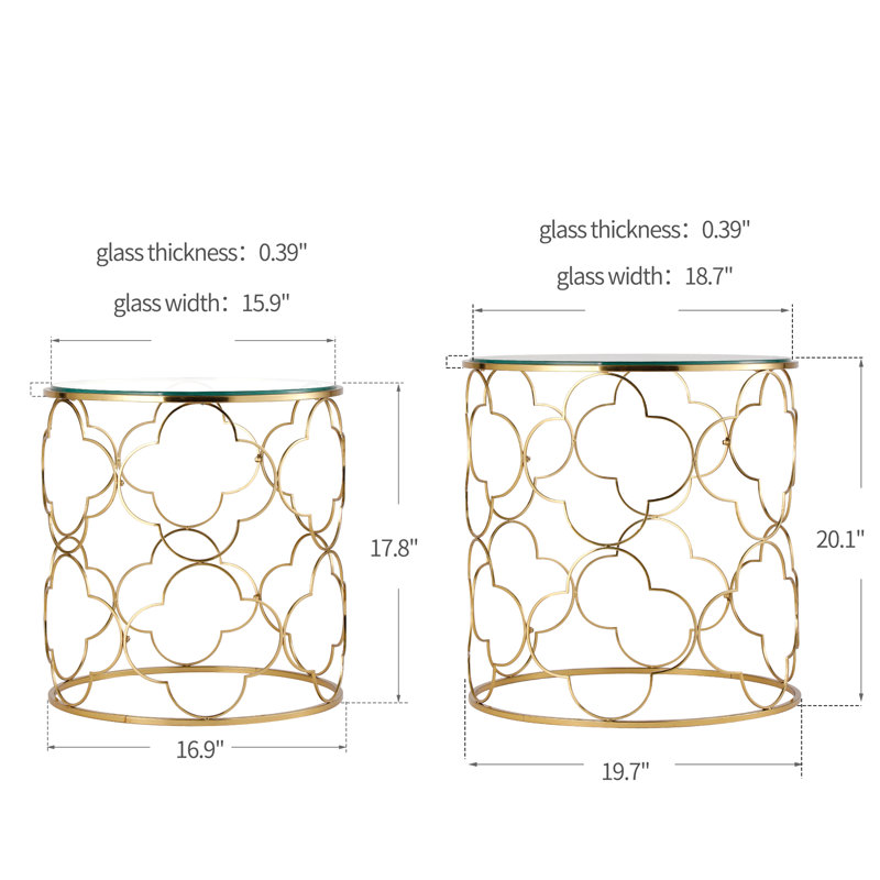 Jadonte Set 2 Round Nesting Gold Metal Glass Top End Side Table