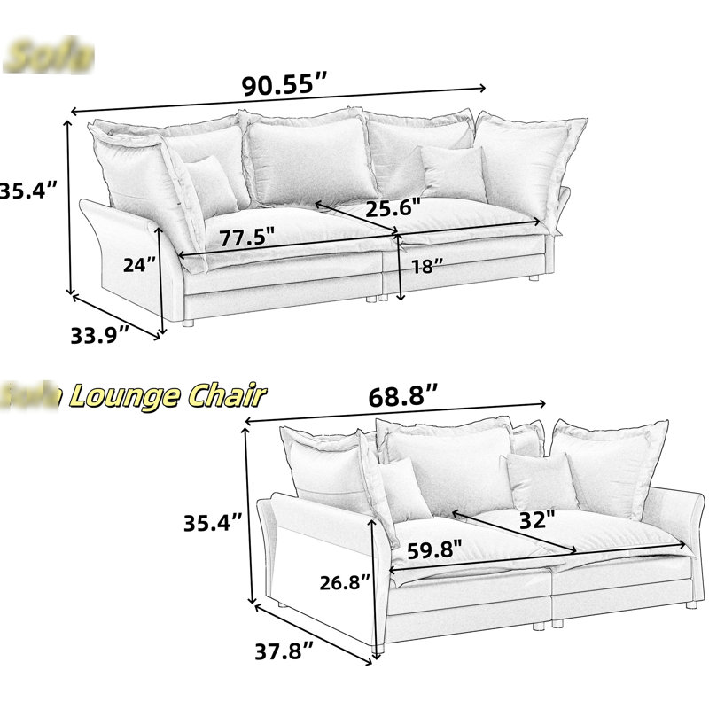 92.75" Grey Velvet , Deep Seat With Luxury Padding And Fabric, For An Elegant Look Comfy Soft Pillows, Convertible Various Rooms, Solid Wood Frame