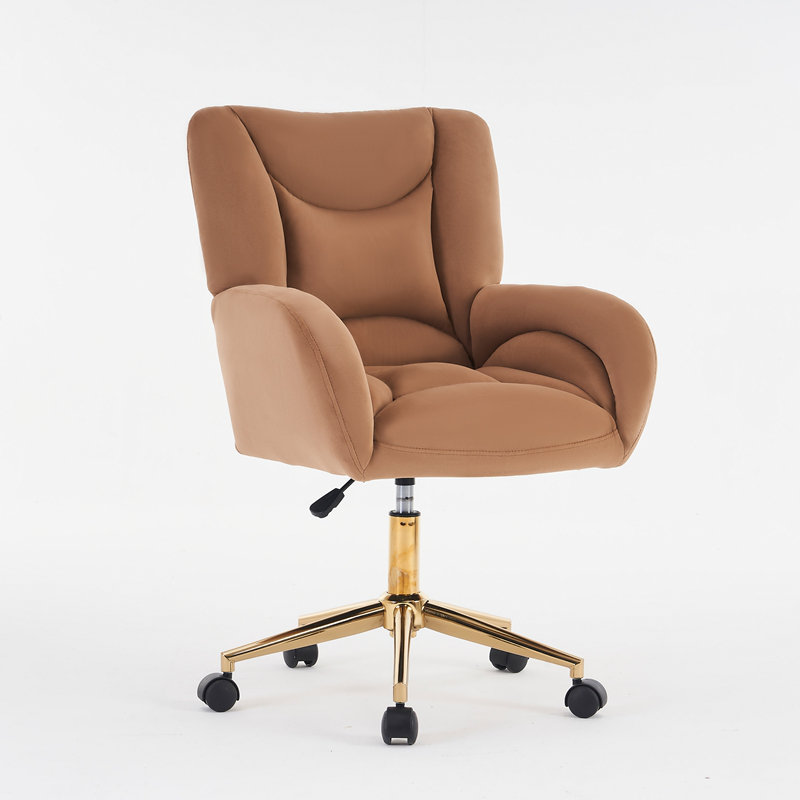 Velvet Fabric 360 Swivel Home Office Chair With Gold Metal Base And Universal Wheels,Coffee, Velvet Coffee