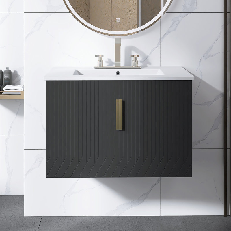 Meuble-lavabo mural 30 po avec lavabo en céramique, Noir
