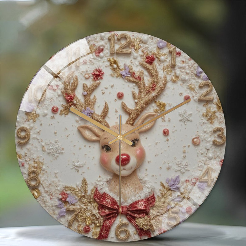 Renne, Noël, horloge, horloge murale moderne en verre 12 po